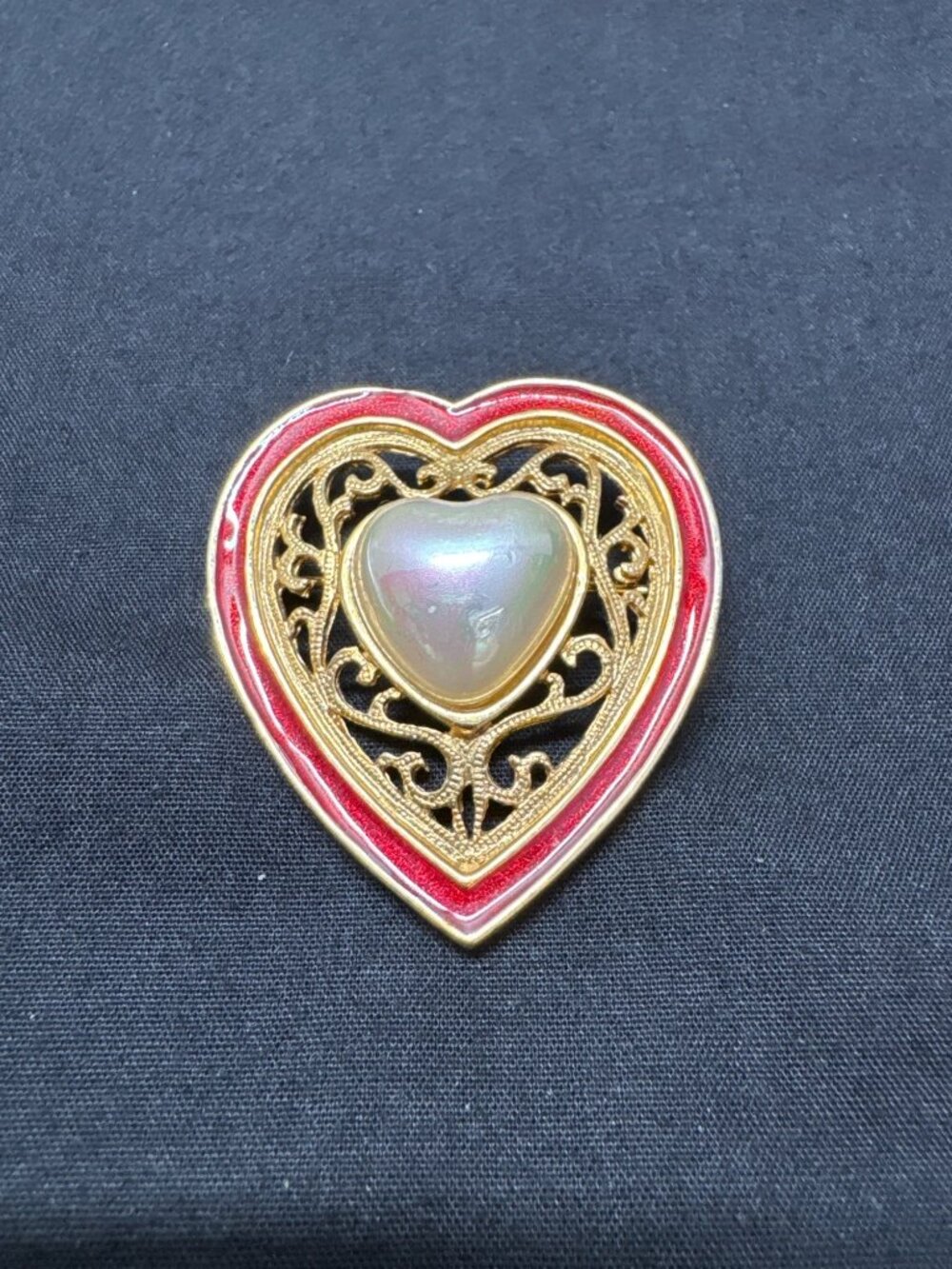 Heart-Shaped Lia Sophia Gold-Tone Brooch With Pearl Center & Red Enamel Trim Fil